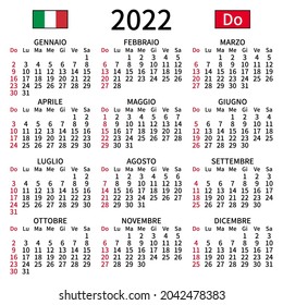 2022 year calendar. Simple, clear and big. Italian language. Week starts on Sunday. Sunday highlighted. No holidays. Vector illustration. EPS 8, no gradients, no transparency