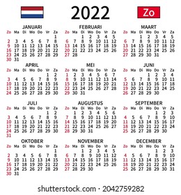 Jahreskalender 2022. Einfach, klar und groß. Niederländisch. Die Woche beginnt am Sonntag. Sonntag hervorgehoben. Kein Urlaub. Vektorgrafik. EPS 8, keine Farbverläufe, keine Transparenz