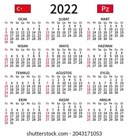 2022 year calendar. Simple, clear and big. Turkish language. Week starts on Sunday. Sunday highlighted. No holidays. Vector illustration. EPS 8, no gradients, no transparency