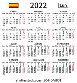 2022 year calendar. Simple, clear and big. Spanish language. Week starts on Monday. Sunday highlighted. No holidays. Vector illustration. EPS 8, no gradients, no transparency