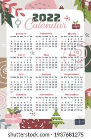 2022 year Calendar, Sunday start. Trendy geometric monthly planner with abstract backgrounds. 12 Month Calendar  with Christmas tree and gift.