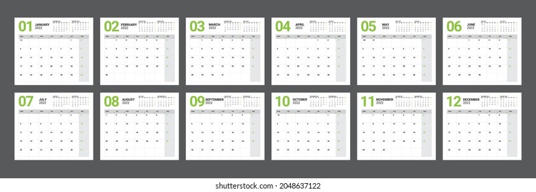 Plantilla de calendario para 2022 años. Diario de planificación con un estilo minimalista. Calendario corporativo y comercial. Organizador. Calendario mensual. Planificador diario. inicio de semana	
