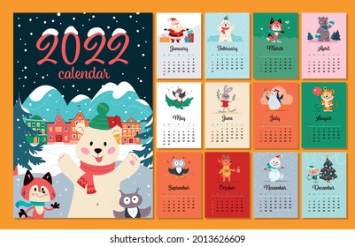 2022 year calendar template with winter Christmas cover, cozy night village landscape, cute polar bear in hat, fox in scarf, owl animals characters. Vector flat cartoon illustration.