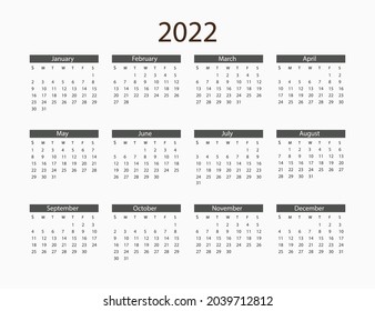 2022 year, calendar. Vector illustration. Weeks start on Sunday.