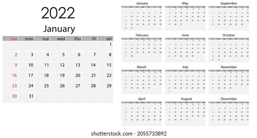 2022 year, calendar. Vector illustration. Weeks start on Sunday.