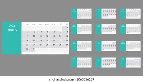 2022 year, calendar. Vector illustration. Weeks start on Sunday.
