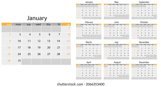 2022 year, calendar. Vector illustration. Weeks start on Sunday.