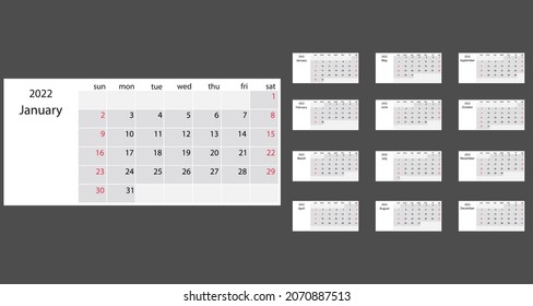 2022 year, calendar. Vector illustration. Weeks start on Sunday.