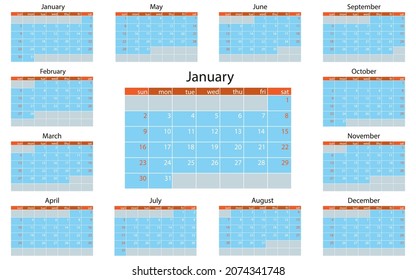 Jahr 2022, Kalender. Vektorgrafik. Die Wochen beginnen am Sonntag.