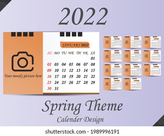 2022 year calendar vector tempalte, Design Template with Place for Photo, Week starts saturday, Landscape Orientation, Spring color theme, Vector illustration.