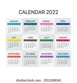 2022 Year Calendar. Week starts on Sunday. Concept for print and WEB. Vector  illustration.