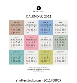 2022 Year Calendar. Week starts on Sunday. USA Holidays. Concept for print and WEB. Vector  illustration.