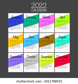 2022 Year Calendar. Week starts on Sunday. USA Holidays. Concept for print and WEB. Vector  illustration.