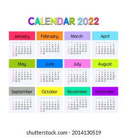 2022 Year Calendar. Week starts on Sunday. Concept for print and WEB. Vector  illustration.