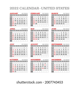 2022 Year Calendar with weeks numbering. Week starts on Sunday. USA Holidays. Concept for print and WEB. Vector  illustration.