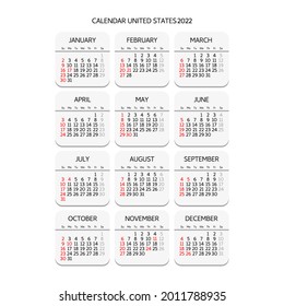 2022 Year Calendar with weeks numbering. Week starts on Sunday. USA Holidays. Concept for print and WEB. Vector  illustration.