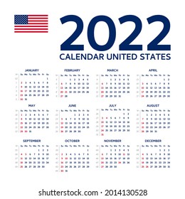 Calendario de 2022 años con número de semanas. La semana comienza el domingo. Vacaciones en Estados Unidos. Concepto de impresión y WEB. Ilustración vectorial.