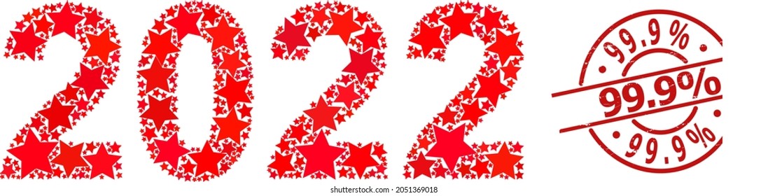 2022 year digits star mosaic and grunge 99.9 percent stamp. Red seal with rubber texture and 99.9 percent caption inside circle. Abstract 2022 year digits mosaic is created with randomized flat star
