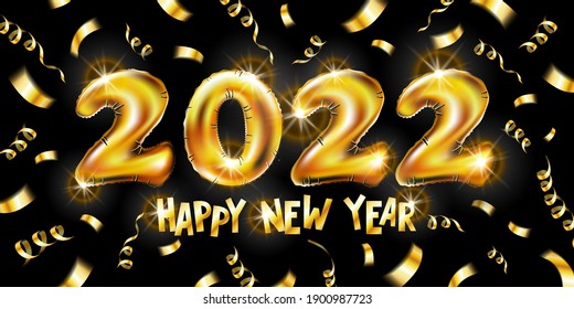 Globos de oro de 2022 años Feliz Año Nuevo fondo negro con cinta dorada y confeti. Decoración navideña con número de oro de neón brillante. Plantilla de tarjeta de saludo para feriado de invierno vectorial. arte