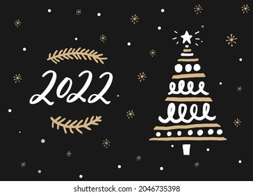 2022 year greeting card with calligraphy numbers and hand drawn Christmas tree on dark blue background with golden elements. Vector design