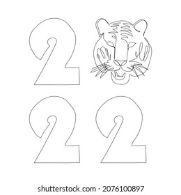 2022 year greetings card with tiger head one line art. Continuous line drawing of new year holidays, chinese new year, symbol of the year, tiger, tiger roar.