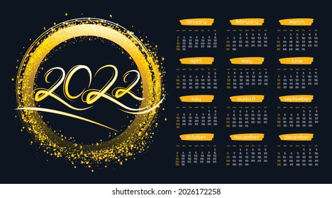 2022 year horizontal calendar with neon circle frame with golden glow on black background. Vector glitter design background for business organizer, poster. 
