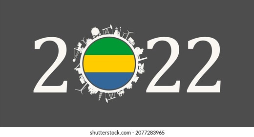 2022 year number with industrial icons around zero digit. Flag of Gabon.