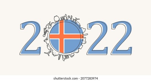 2022 year number with industrial icons around zero digit. Flag of Iceland.