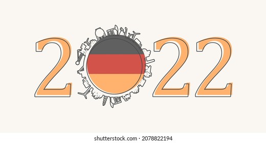2022 year number with industrial icons around zero digit. Flag of Germany.