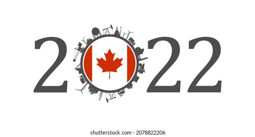 2022 year number with industrial icons around zero digit. Flag of Canada.