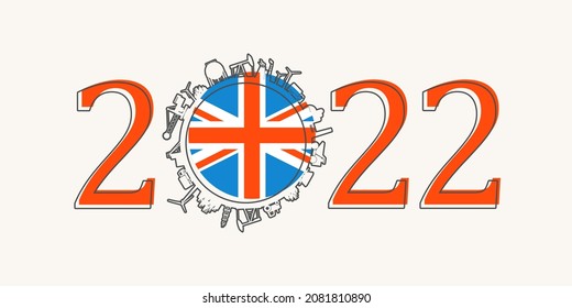 Número de 2022 años con íconos industriales alrededor de cero dígitos. Bandera del Reino Unido.