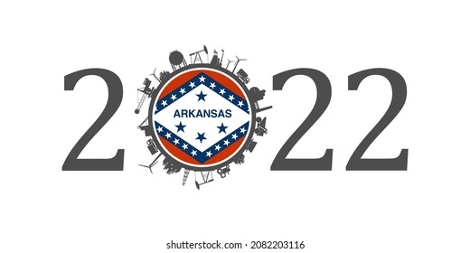 2022 year number with industrial icons around zero digit. Flag of Arkansas.