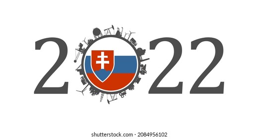 2022 year number with industrial icons around zero digit. Flag of Slovakia.