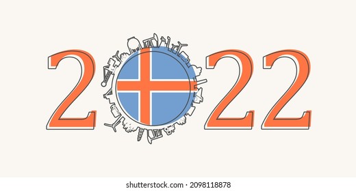2022 year number with industrial icons around zero digit. Flag of Iceland.