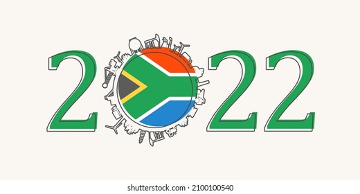 2022 year number with industrial icons around zero digit. Flag of South Africa.