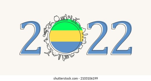 2022 year number with industrial icons around zero digit. Flag of Gabon.