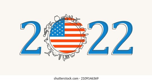 2022 year number with industrial icons around zero digit. Flag of USA.