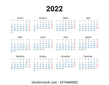 2022 year Portuguese calendar in Portuguese language. Classical, minimalistic, simple design. White background. Vector Illustration. Week starts from Monday.