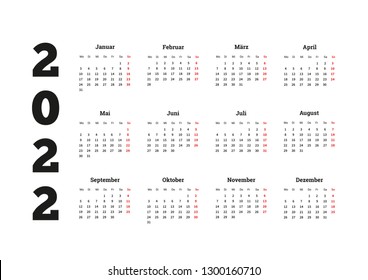 2022 year simple calendar on german language on white