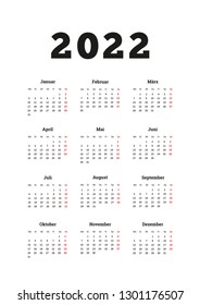 2022 year simple calendar on german language, A4 size vertical sheet on white