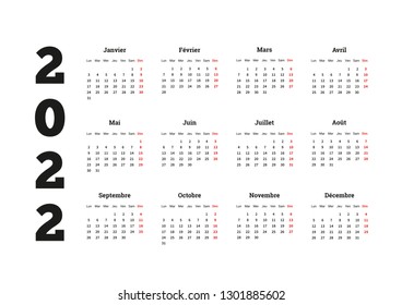 2022 year simple calendar on french language on white