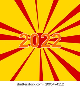 2022 year symbol on a background of red flash explosion radial lines. The large orange symbol is located in the center of the sun, symbolizing the sunrise. Vector illustration on yellow background