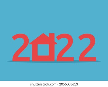 2022 year text with house on blue background. Happy New year, home, coziness, real estate and mortgage concept. Flat design. Vector illustration. EPS 8, no transparency