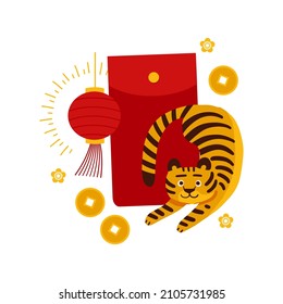 2022 Year of The Tiger banner. A cute tiger with big red packet with money on CNY. Cute greeting card with lanttern and flowers. Flat vector illustration.