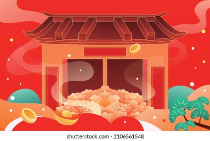 2022 year of the tiger. Cartoon  tiger wear face mask holding gold . Vector illustration. (translation: happy chinese new year）