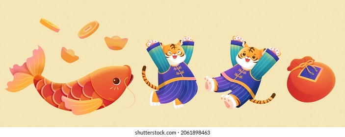 2022 Year of the Tiger CNY elements. Illustration of two zodiac animal tigers, a Chinese koi fish, and some wealth symbol objects isolated on khaki background