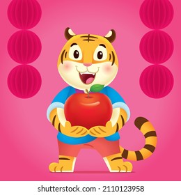 2022 Year of Tiger, cute tiger greeting with big red apple.