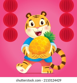 2022 Año del tigre, tigre lindo saludando con piña grande.