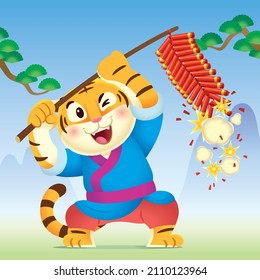 2022 Year of Tiger, cute tiger playing firecracker for celebrating chinese new year.
