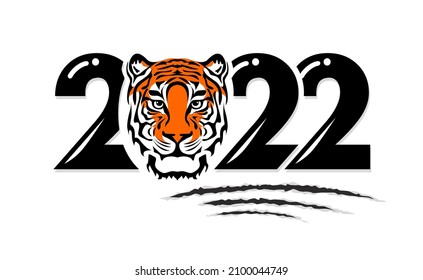 2022 Year of tiger, drawing tiger face black, orange and white lines, ragged claw marks and numbers 2022 for poster, brochure, banner, invitation card. Vector on transparent background.